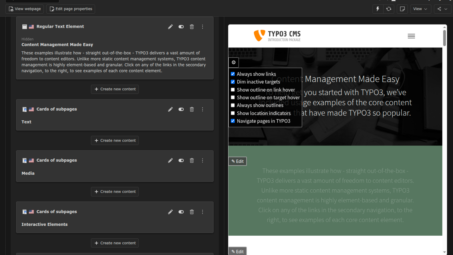 A content management system interface shows a split screen: on the left, a list of editable page elements; on the right, a preview of a webpage with menu options and a drop-down menu with configuration checkboxes and labels.