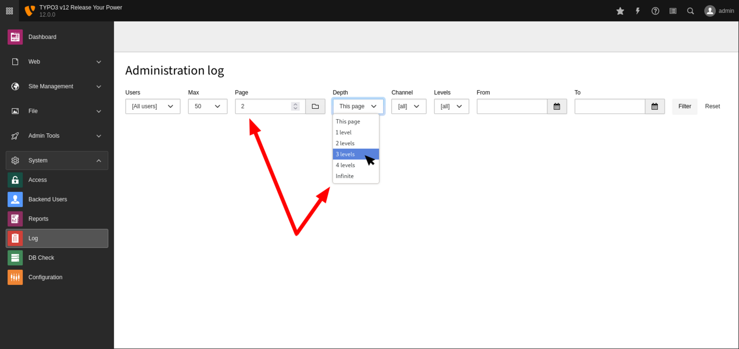 Screenshot of the TYPO3 backend that shows new filter options of the System Log