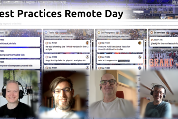 Four smiling people are in a video call, shown in front of a digital project management board with columns for task status under the title "Best Practices Remote Day."