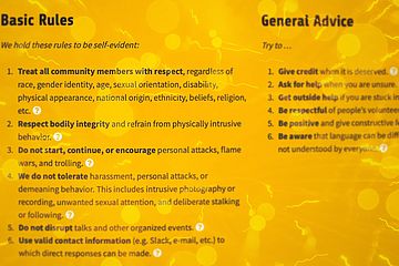 Code of conduct text on yellow background overlaid with fireworks.