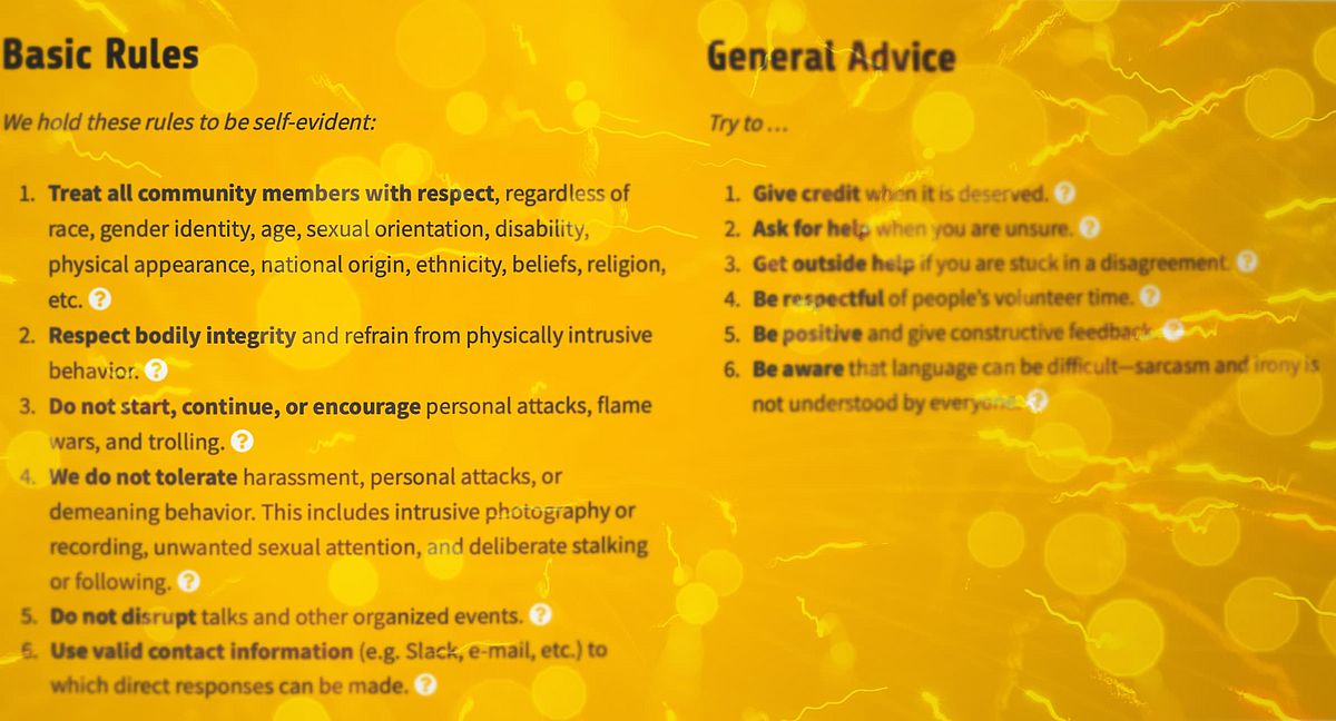Code of conduct text on yellow background overlaid with fireworks.