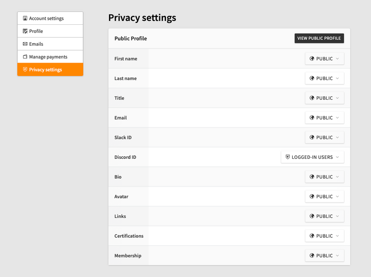 Privacy settings interface showing options for adjusting visibility of personal information like first name, title, email, and memberships. Privacy levels include Public and Logged-in Users. A View Public Profile button is on the right.