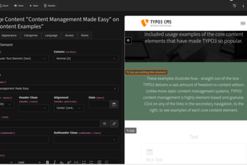 Screenshot of a content management interface editing a page titled Content Management Made Easy. The left panel shows text editing options, while the right side displays a highlighted message in an example TYPO3 CMS content section.