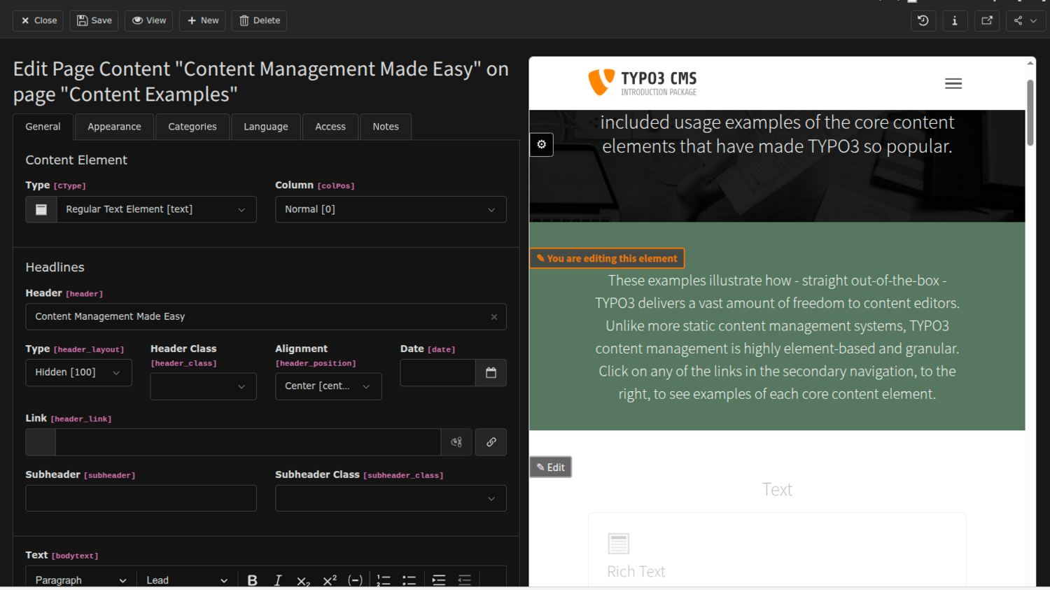 Screenshot of a content management interface. On the left, editing options for page content titled Content Management Made Easy. On the right, a preview of a TYPO3 CMS website with highlighted editable text.