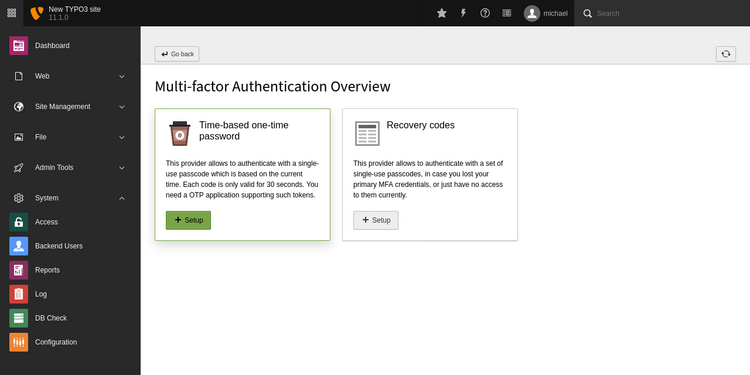 TYPO3 backend shows overview of multi-factor authentication providers