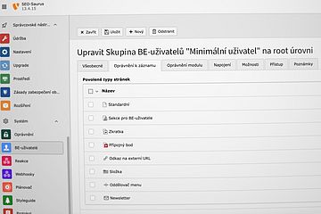 The TYPO3 backend in Czech for editing user group permissions, with page type options and a left sidebar of menus and navigation.