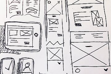 Wireframe line drawing of websites with content elements.