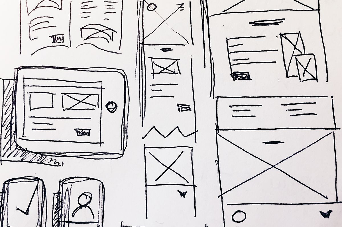Wireframe line drawing of websites with content elements.