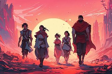 Cartoon drawing of five people in traditional Japanese clothing walking towards the camera. Sunset in the background.