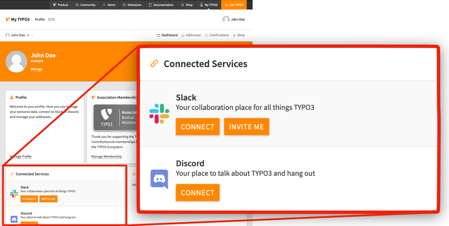 Screenshot of a user profile page with a focus on the Connected Services section. Options to connect Slack, labeled Your collaboration place for all things TYPO3, and Discord, labeled Your place to talk about TYPO3 and hang out, are shown.