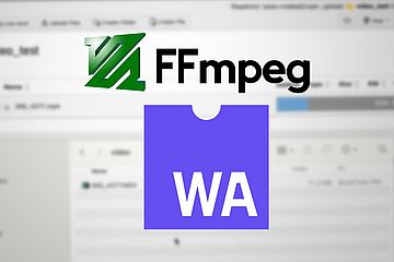 The image displays the FFmpeg logo and text above a purple block labeled WA, representing WebAssembly, with blurred TYPO3 Fileadmin and Finder windows in the background. 
