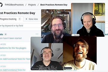 Four people engaged in a video call, all smiling. They are discussing a project titled Best Practices Remote Day, visible in the background. Each person is wearing headphones, suggesting active participation in an online meeting.