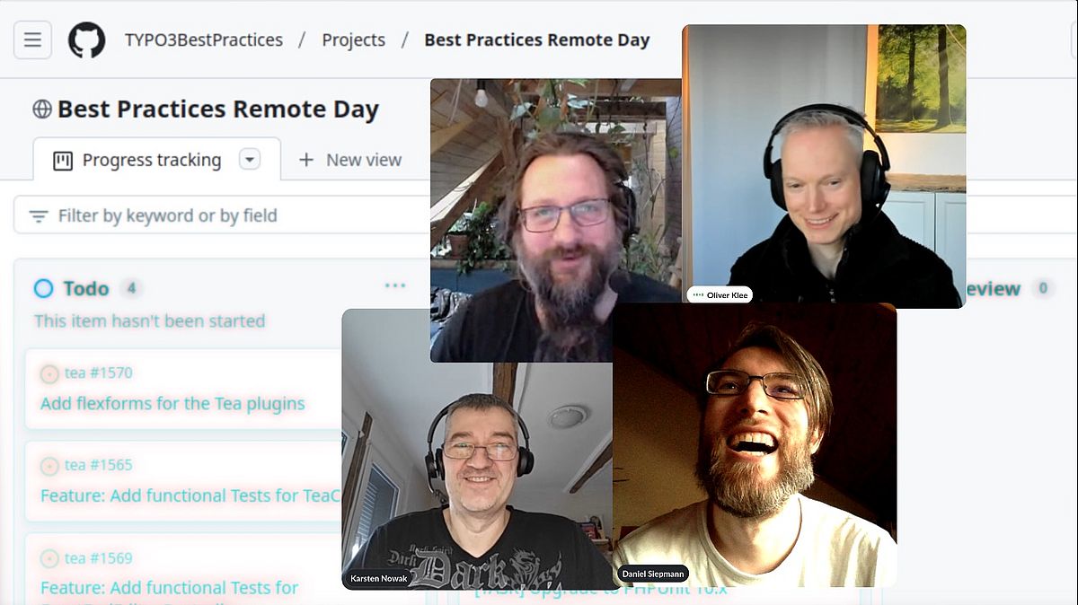 Four people engaged in a video call, all smiling. They are discussing a project titled Best Practices Remote Day, visible in the background. Each person is wearing headphones, suggesting active participation in an online meeting.