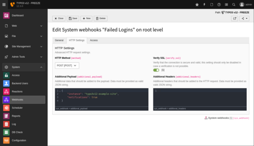 Screenshot of the TYPO3 backend that shows the additional configuration options for outgoing webhooks