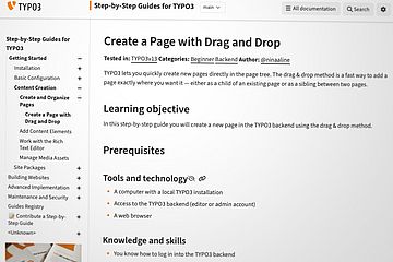 A screenshot of a TYPO3 documentation page titled Create a Page with Drag and Drop, featuring step-by-step guides, prerequisites, and a navigation menu on the left. The main content discusses tools, technology, and required knowledge.