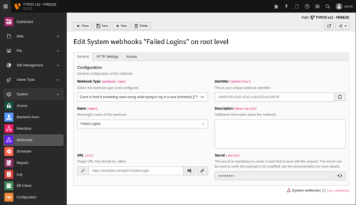 Screenshot of the TYPO3 backend that shows the general configuration of an outgoing webhook.