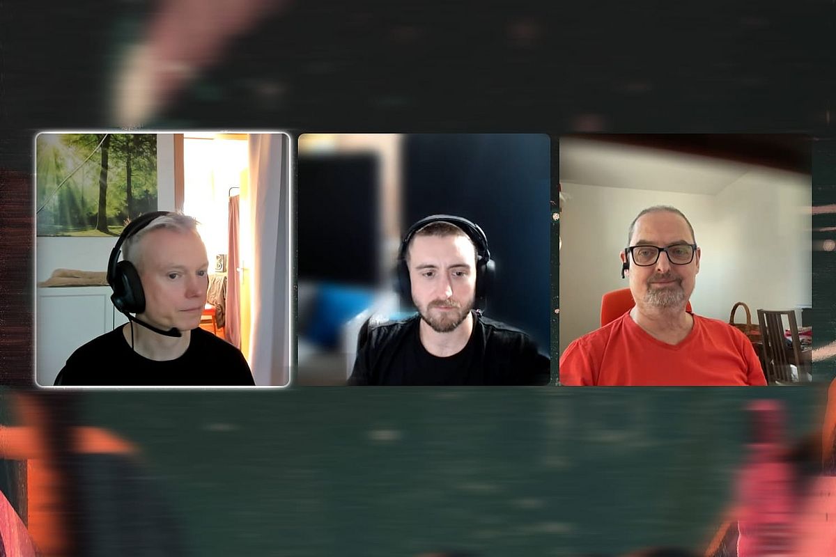 Three people video conferencing, each wearing headphones. The backgrounds are blurred, with one showing a window and another a plain wall.