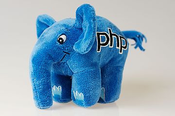 A blue stuffed animal shaped like an elephant with the text "php" on the side.