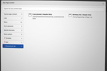 TYPO3's New Page Content Element window shows options for different content types on the left and a list of pinned items, including "I am pinned | Header Only" and "Birthday list | Header Only," on the right.
