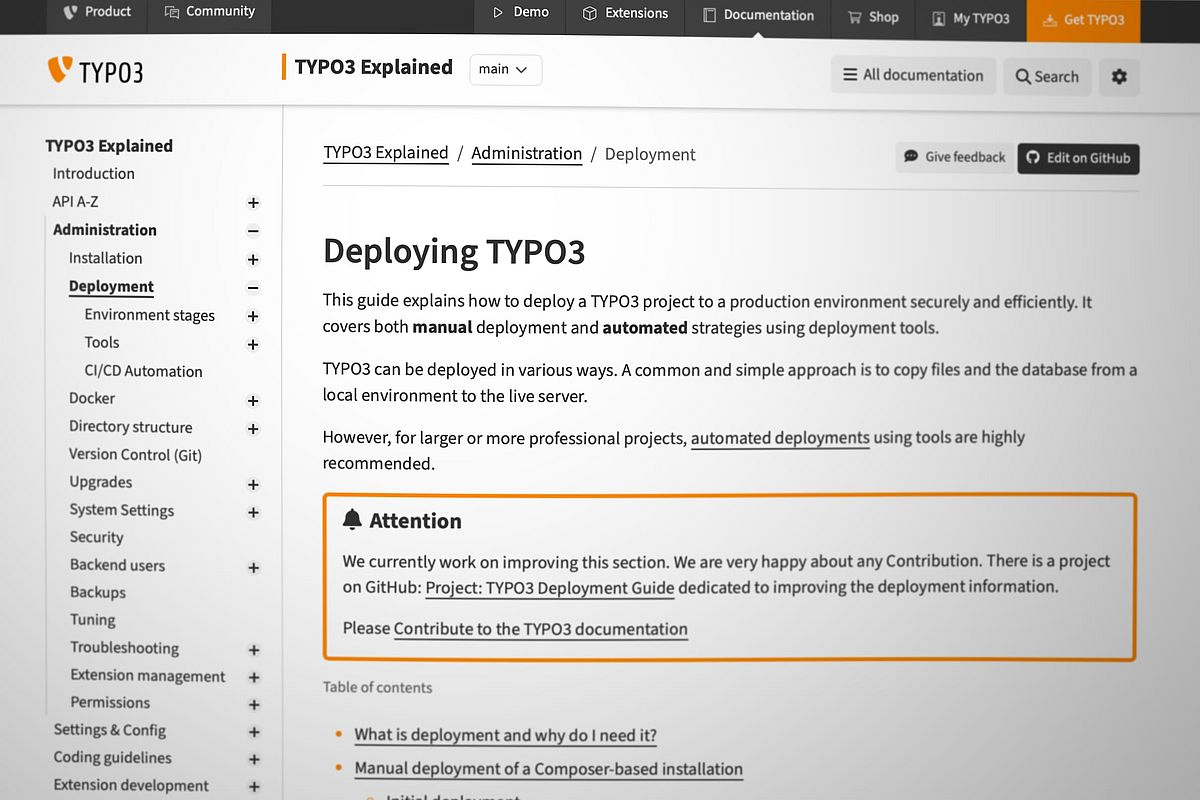 A webpage titled Deploying TYPO3 is shown, featuring a highlighted Attention box encouraging contributions to improve the documentation, with navigation menus visible on the left and top of the page.