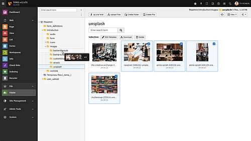 Screenshot of the TYPO3 backend showing the tiles view of the Filelist module with drag'n drop functionality