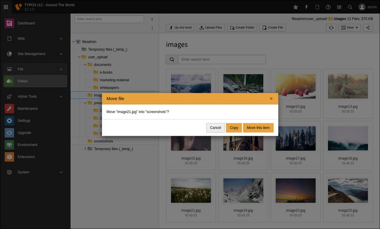 Screenshot of the TYPO3 backend showing a popup that asks to confirm if the user wants to copy or move a file/folder