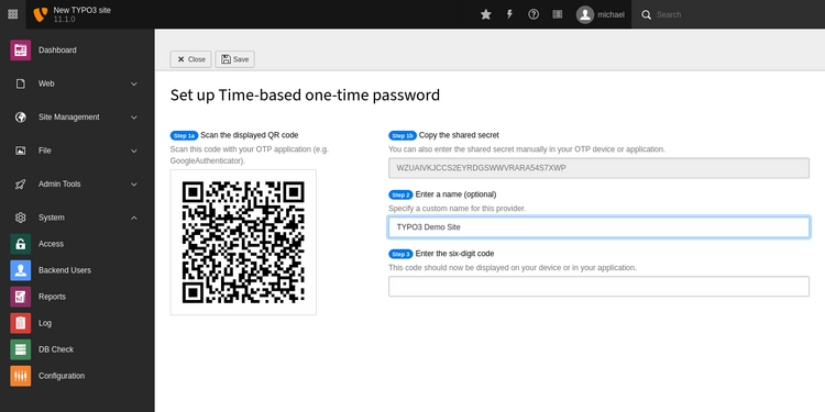 TYPO3 backend shows the time-based one-time password provider