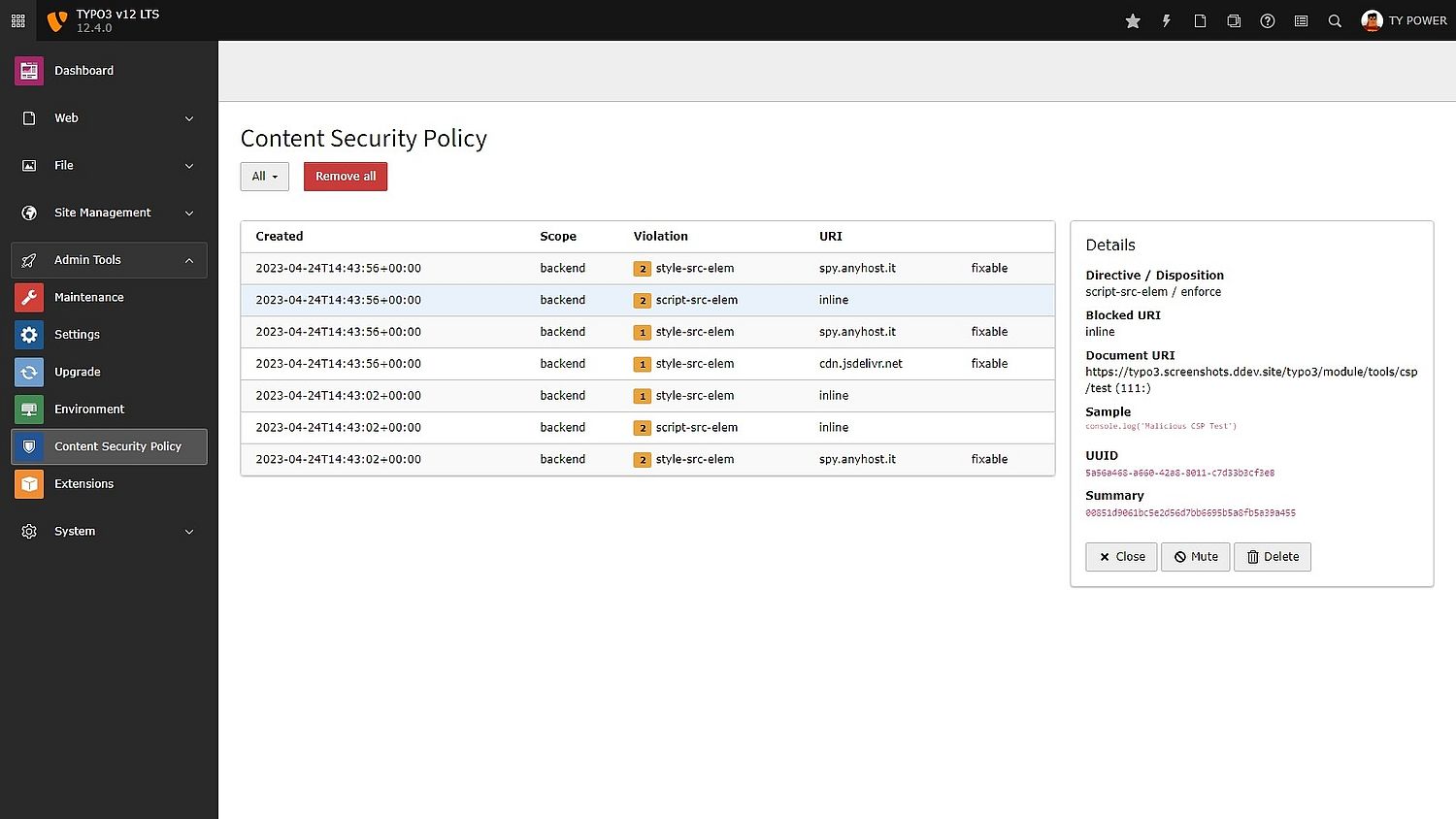 Screenshot of the TYPO3 backend showing the report of potential CSP violations