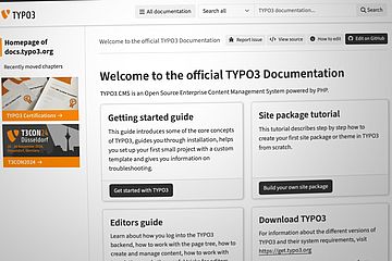 Screenshot of the TYPO3 documentation homepage. It features sections like Getting started guide, Site package tutorial, and Editors guide, with buttons for starting and building projects. The TYPO3 logo is visible on the left sidebar.