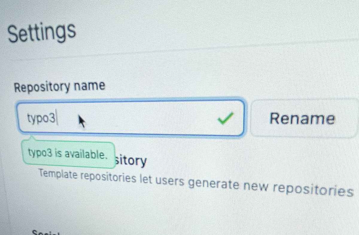 Photo of interface for changing repository name. Showing the name "typo3".