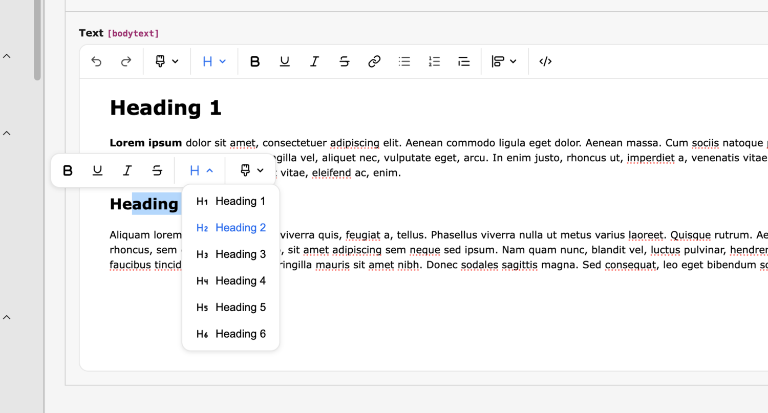 A text editor displays formatting options and a dropdown menu for heading styles. Heading 1 is selected in the menu, and a sample document is shown with formatted heading and body text.