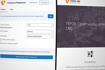A split-screen shows a TYPO3 CMS setup interface on the left, with version and language options, and the TYPO3 CMS homepage on the right, featuring the text TYPO3 - Open source, enterprise CMS.
