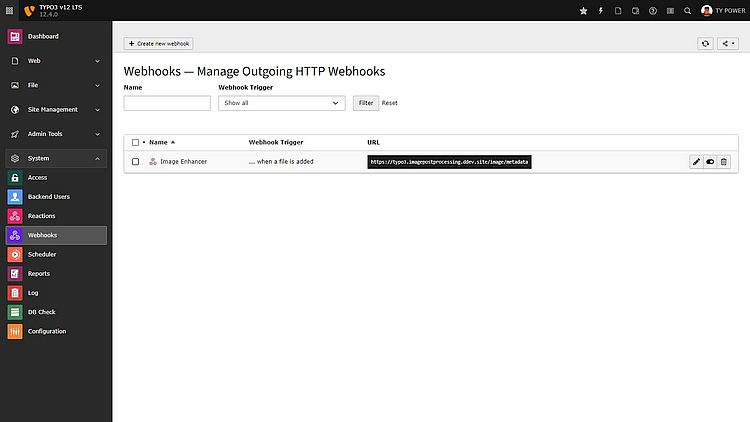 Screenshot of the TYPO3 backend showing the list to manage outgoing webhooks