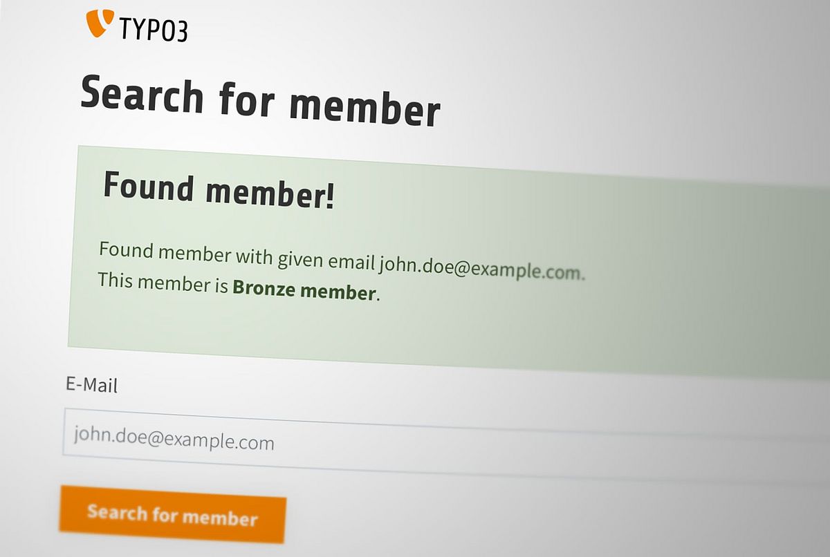 Screenshot of the Search for Member page showing a green box with the text "Found member" and "Bronze member"