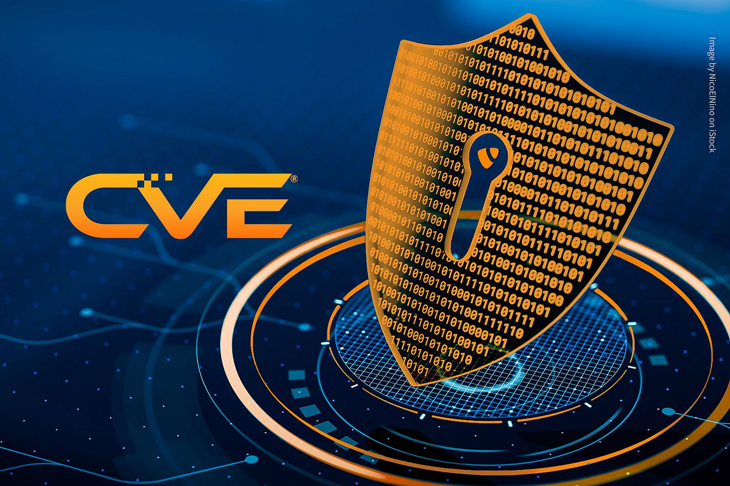 Cybersecurity illustration featuring the CVE logo and a shield made of binary code with a keyhole, set against a digital network background