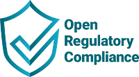 A teal outline of a shield with a checkmark inside is next to the words Open Regulatory Compliance in teal, all set against a white background.
