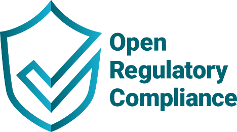 A teal outline of a shield with a checkmark inside is next to the words Open Regulatory Compliance in teal, all set against a white background.
