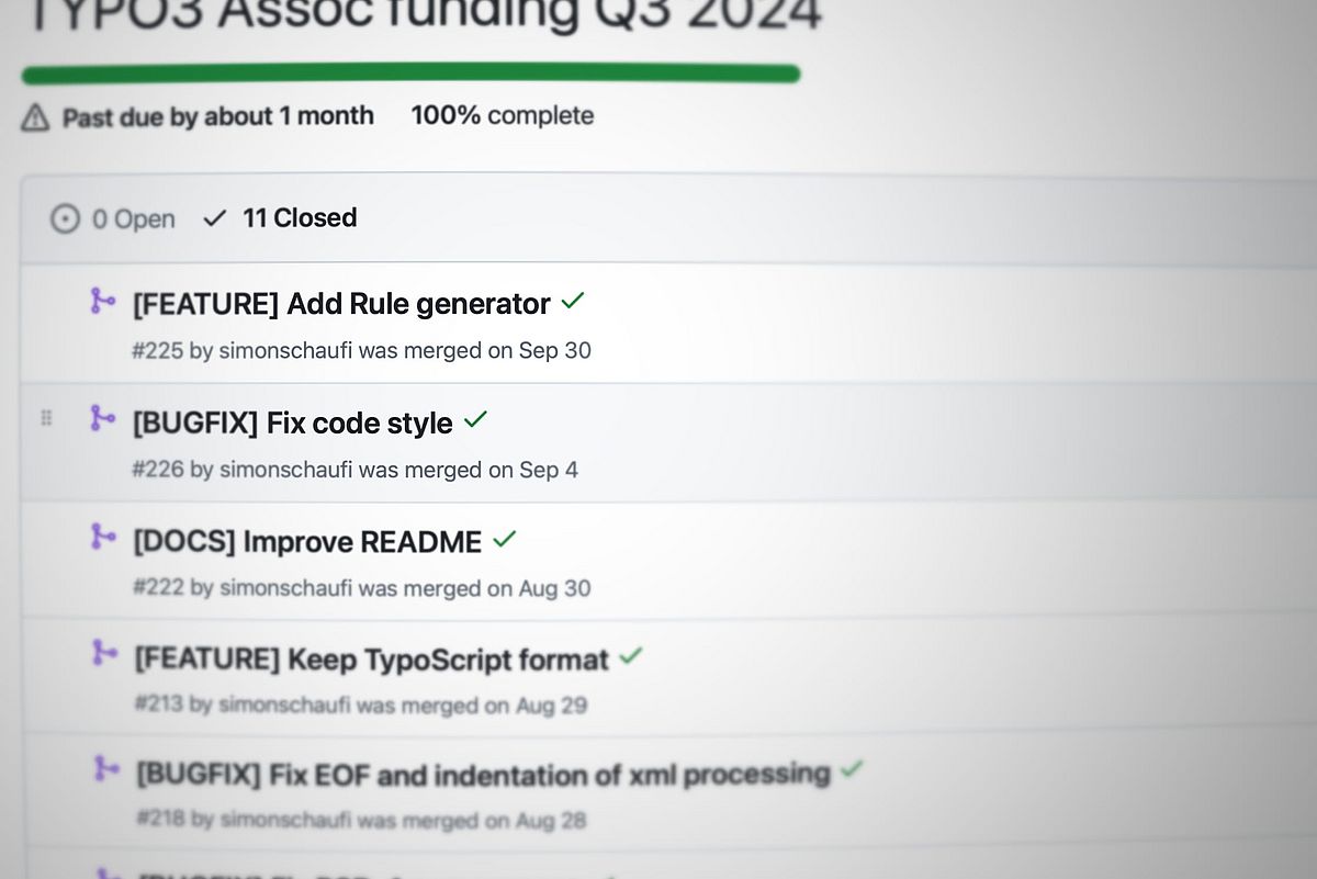 A project management interface showing closed issues for "TYPO3 Assoc funding Q3 2024," including bug fixes and feature additions, all marked completed.