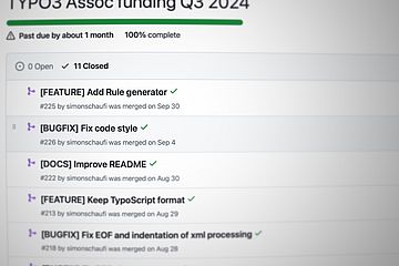 A project management interface showing closed issues for "TYPO3 Assoc funding Q3 2024," including bug fixes and feature additions, all marked completed.