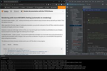 A computer screen shows a split view: documentation for TYPO3 on the left, code editing in PhpStorm on the right, and a terminal running build commands at the bottom.