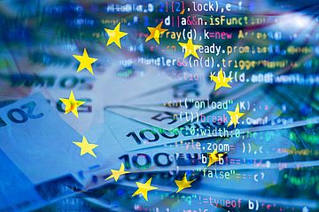 Euro banknotes overlaid with computer code and the European Union flag, symbolizing the intersection of finance, technology, and digital regulations in Europe.
