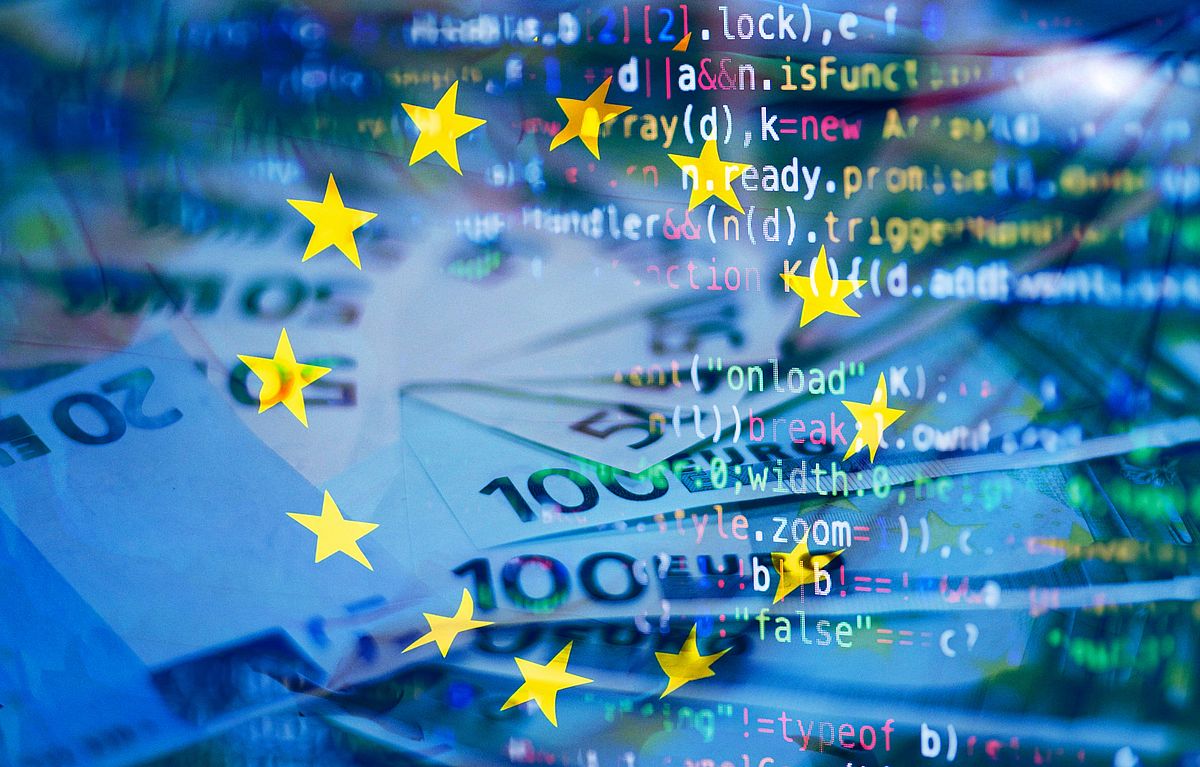 Euro banknotes overlaid with computer code and the European Union flag, symbolizing the intersection of finance, technology, and digital regulations in Europe.