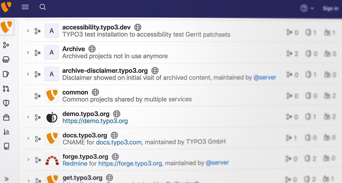 Screenshot of the list of services of the TYPO3 universe.