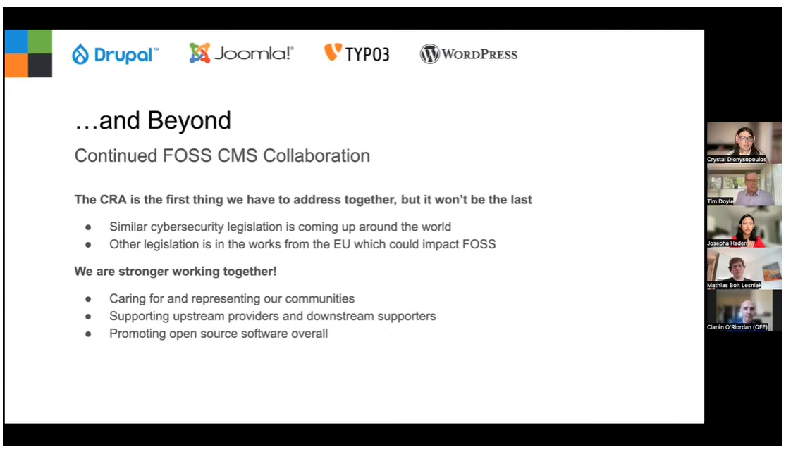 Screenshot of a slide showing plans for continued FOSS CMS collaboration.