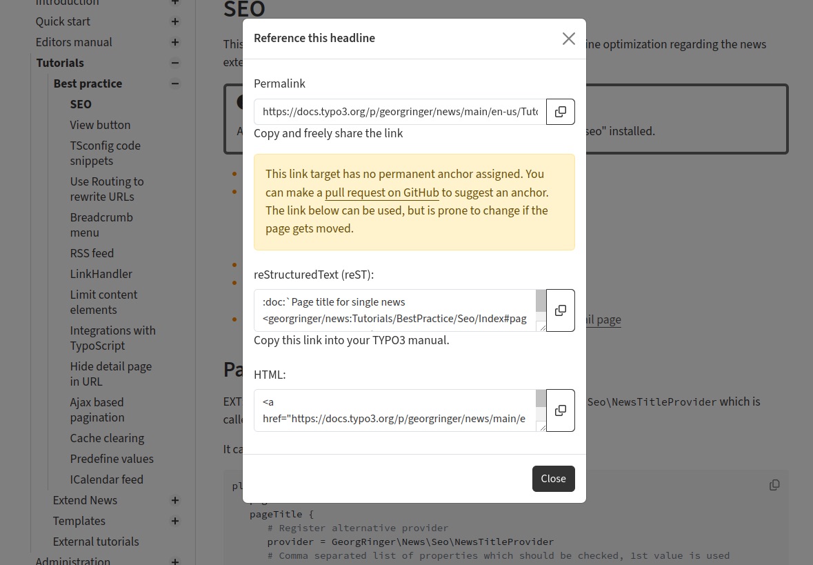 A TYPO3 documentation page with a modal pop-up displaying links and a warning message encouraging the user to contribute by assigning a permanent anchor.