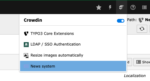 Settings menu with options: TYPO3 Core Extensions, LDAP / SSO Authentication, Resize images automatically, and News system. The News system option is highlighted, and there is a toggle switch next to Crowdin.