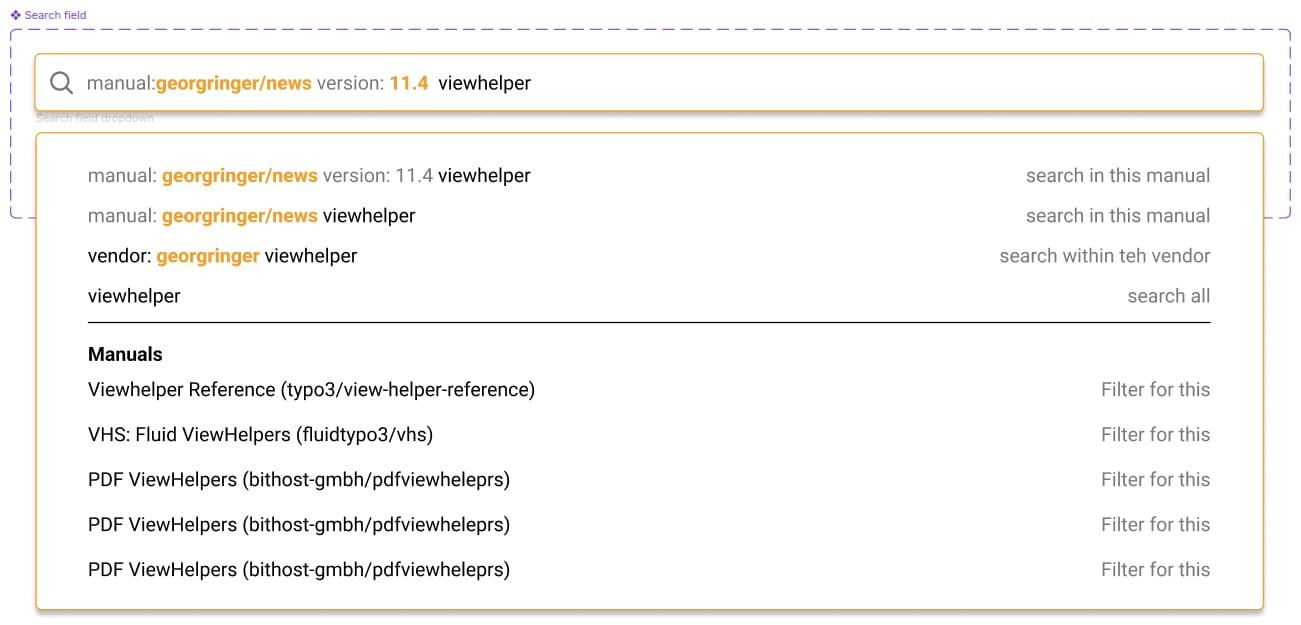 Search field with results for "viewhelper" including documentation and manuals, highlighting version 11.4 from georgringer/news.
