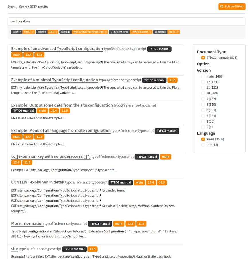 Screenshot of a documentation page featuring various TypoScript configuration examples and corresponding tags and versions. The sidebar displays document type, TYPO3 version, and language filters.