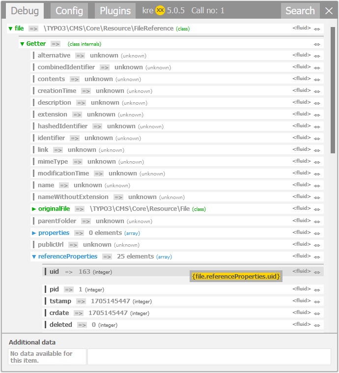 Screenshot of debugging information from a content management system, displaying fields like alternative, description, and file properties, with most values marked as unknown.