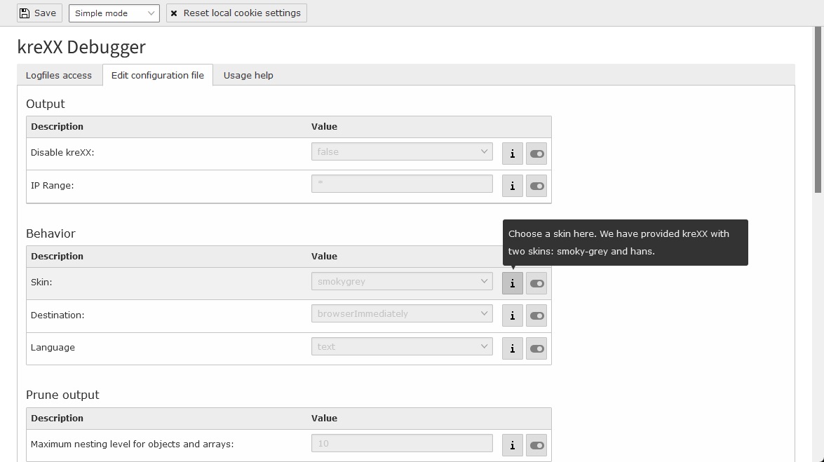 Screenshot of the kreXX Debugger interface showing settings and options. The Behavior section includes drop-downs for skin, destination, and prune output. A tooltip explains skin options, mentioning smokey-grey and hans as available skins.